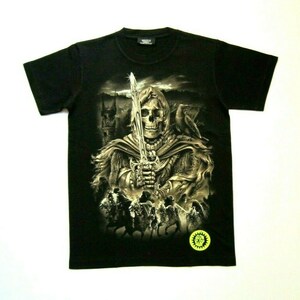 May include: Black t-shirt featuring a graphic print of a skeleton knight holding a sword in front of a castle. The graphic is in shades of grey and white.