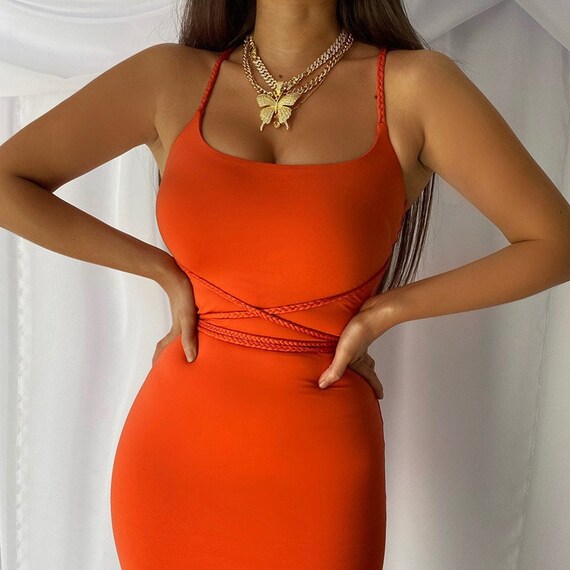 Women Bodycon off Shoulder Orange Mini 