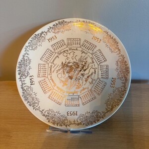 Vintage 1953 Calendar Plate Gold Windmill Floral Filigree White Ceramic 9 inch