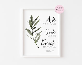 Ask Seek Knock, Gospel of Matthew, Printable Bible Verse, Christian Decor, Christian Watercolour, Downloadable Art Print, Christian Wall Art