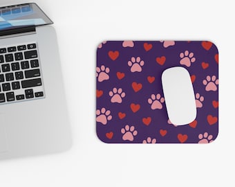 Pink Paw Prints and Hearts Mouse Pad | Purple Background