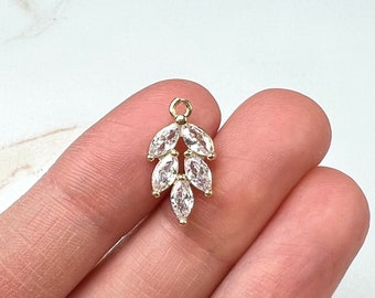 14K Gold Plated Cubic Zirconia Leaf Charms, Cubic Zirconia Findings, Shiny Earring Charms