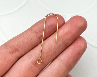 18K Gold Plated Long Earring Hooks, Gold Plated Earring Findings, Jewelry Supplies