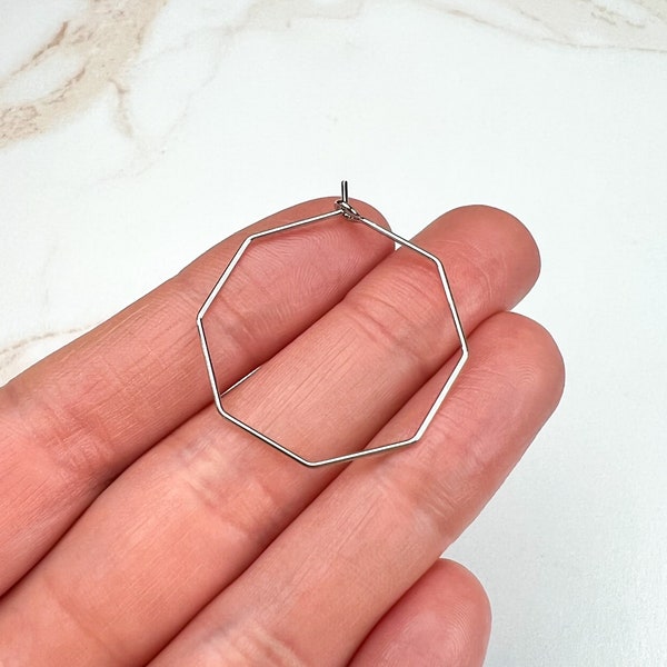 30mm Platinum Plated Octagon Hoop Earring Findings, Earring Findings, Platinum Plated Wine Charm Rings, DIY Earring Hoops