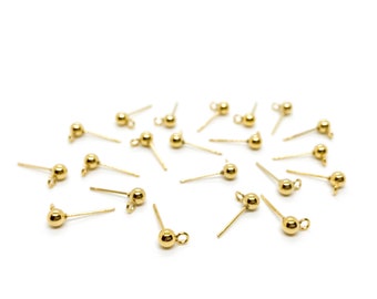 Gold Stainless Steel Earring Post, Ball Post Earring, Ball Stud Earring With Loop, Earring Findings, Hypoallergenic Earring Posts