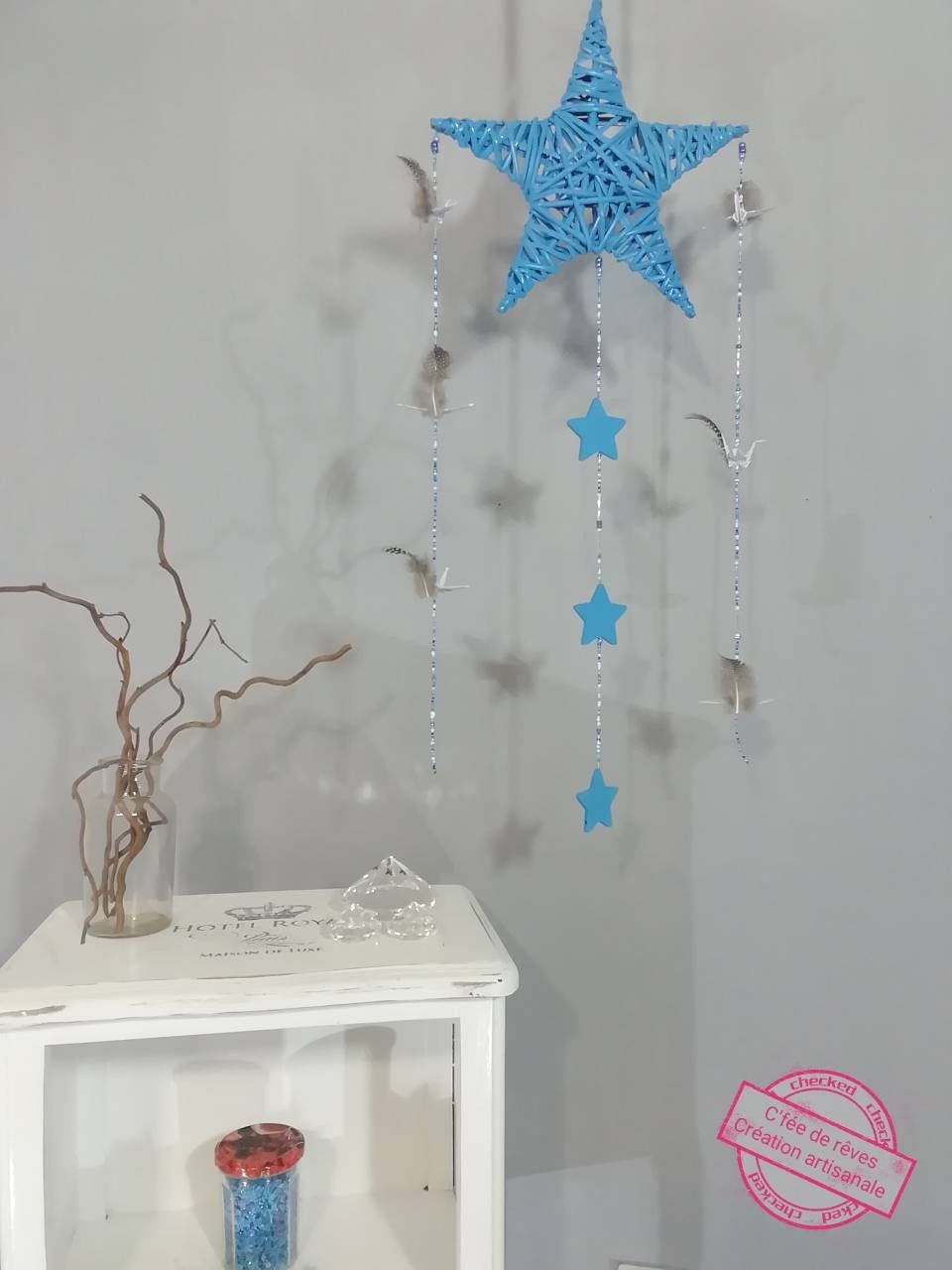 Mobile Origami, Grue, Étoile en Bois, Bleu Pour Chambre d'enfants.