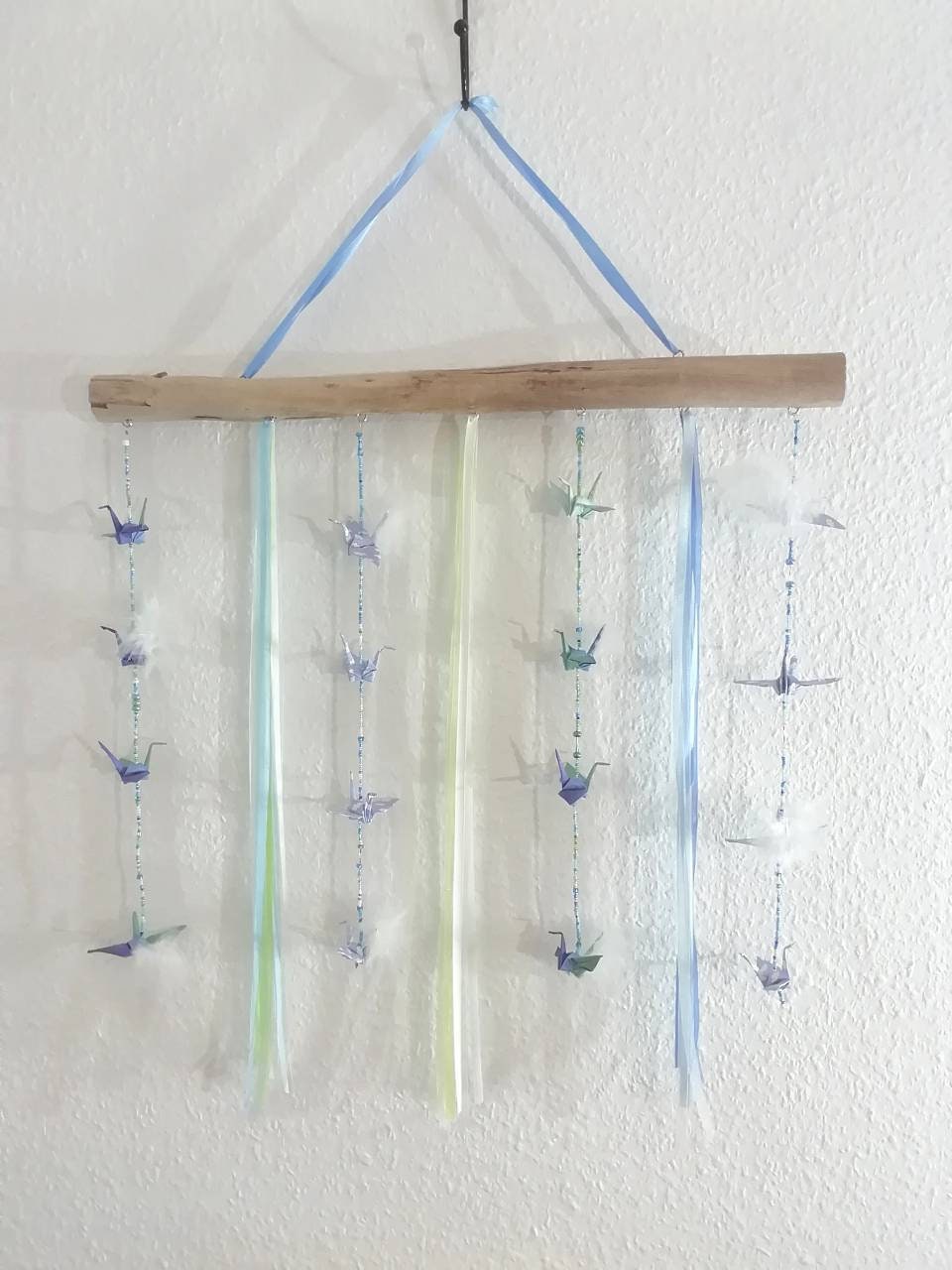 Origami, Mobile, Bois, Oiseau Papier, Bleu Pour Chambre d'enfant.