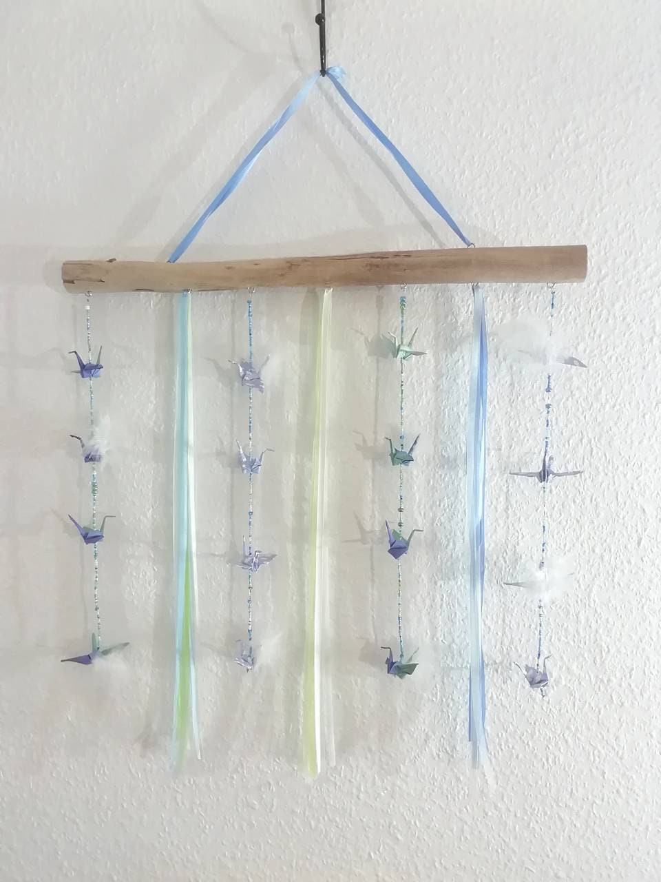 Origami, Mobile, Bois, Oiseau Papier, Bleu Pour Chambre d'enfant.