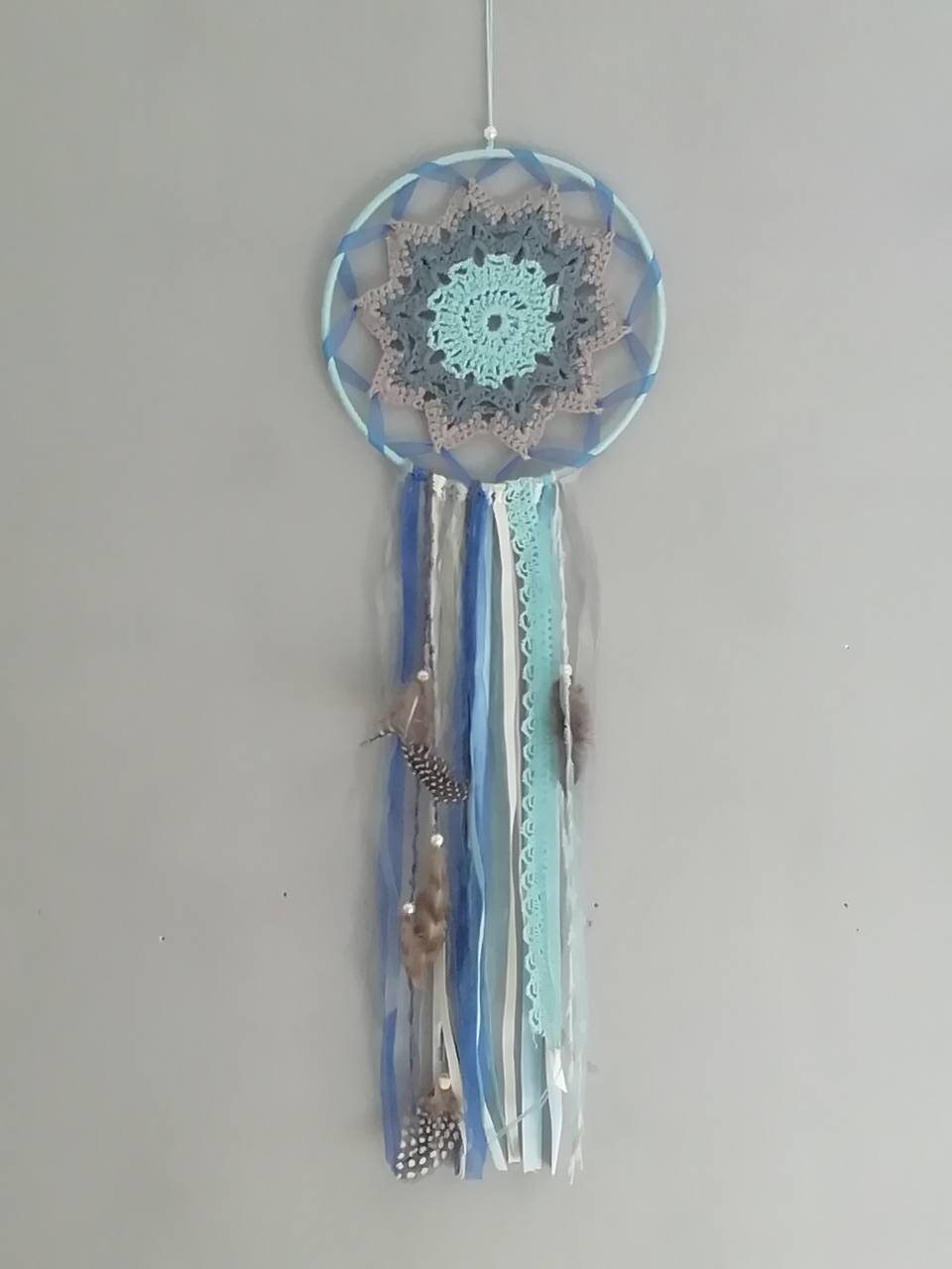 Attrape-Rêves, Capteur de Rêves, Bleu et Blanc Réalisé Au Crochet.