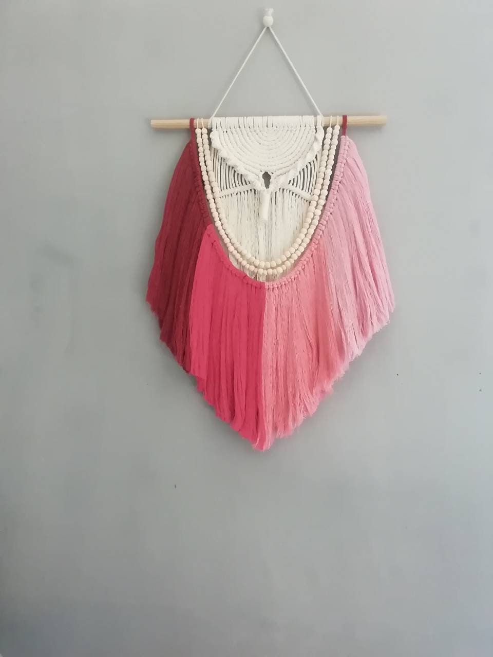 Macramé , Tenture Murale, Bohème, Rose, Perle Bois.