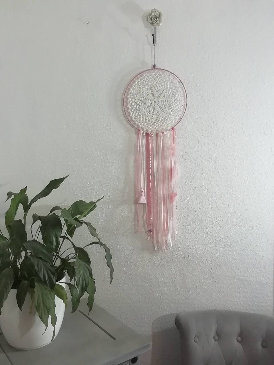 Attrape-Rêves, Capteur de Rêves, Rose et Blanc , Réalisé Au Crochet.