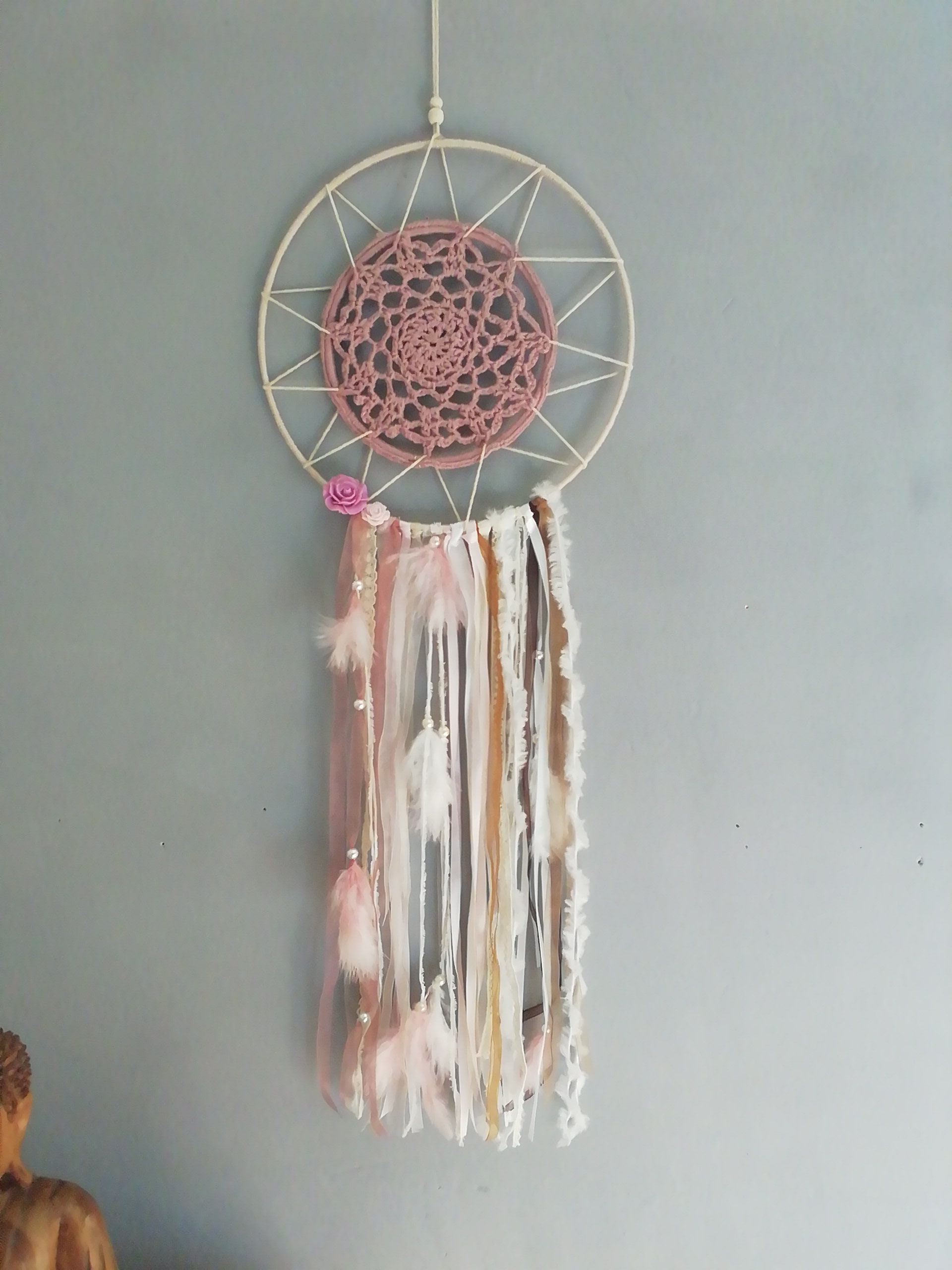 Attrape-Rêves, Capteur de Rêves, Rose, Réalisé Au Crochet, Theme Romantique.