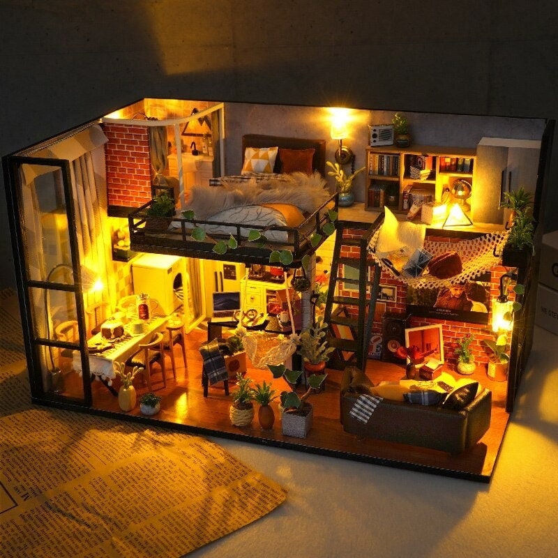 Holz Puppenhaus Loft DIY Bausatz Selbstmontage Miniatur mit Möbeln  Geburtstagsgeschenk Hobby -  Österreich