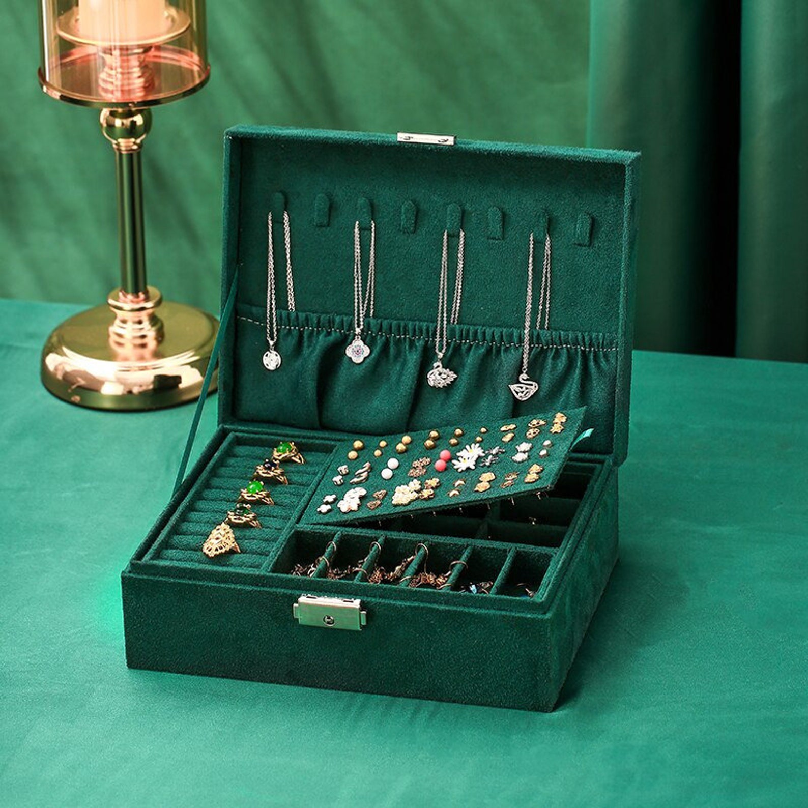 Green Velvet Jewelry Box With Lock Jewelry Organizer for Women Etsy