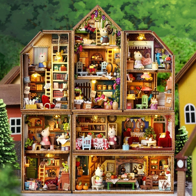 Mini Rabbit Town Wooden Doll House Kit With Furniture Etsy