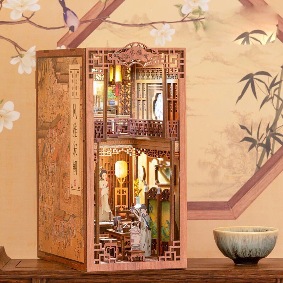 Song Dynasty Tea House Book Nook Kits DIY Wooden Bookshelf Etsy