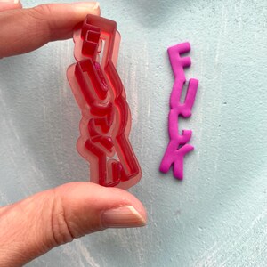Op de afbeelding: Een doorzichtige rode plastic koekjesvorm in de vorm van een persoon met opgeheven vuist. Daarnaast staat een roze koekjesvorm met het woord "FUCK". De items liggen op een lichtblauwe ondergrond.