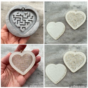 May include: Two wooden heart-shaped ornaments with a maze design and a message on the bottom. One ornament says "You are a-maze-ing" and the other says "I'm glad I found you".