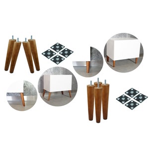 4x Varnished Tapered furniture legs Wooden  [10 - 25 CM] Mid century, solid beech wood, inclined, straight, conical, furniture feet