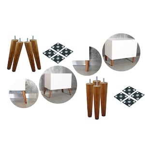 Może przedstawiać: Zestaw czterech drewnianych nóg do mebli ze śrubami metalowymi, cztery metalowe płytki montażowe i biała szafka z drewnianymi nogami.