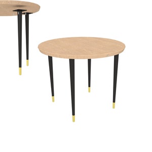 Könnte beinhalten: Ein runder Holztisch mit schwarzen Beinen und goldenen Akzenten. Die Tischplatte hat eine helle Holzmaserung.