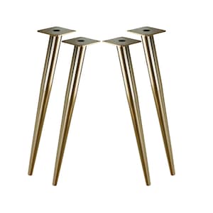 Könnte beinhalten: Vier goldene Tischbeine aus Metall mit quadratischer Basis. Jedes Bein ist etwa 30 cm hoch.