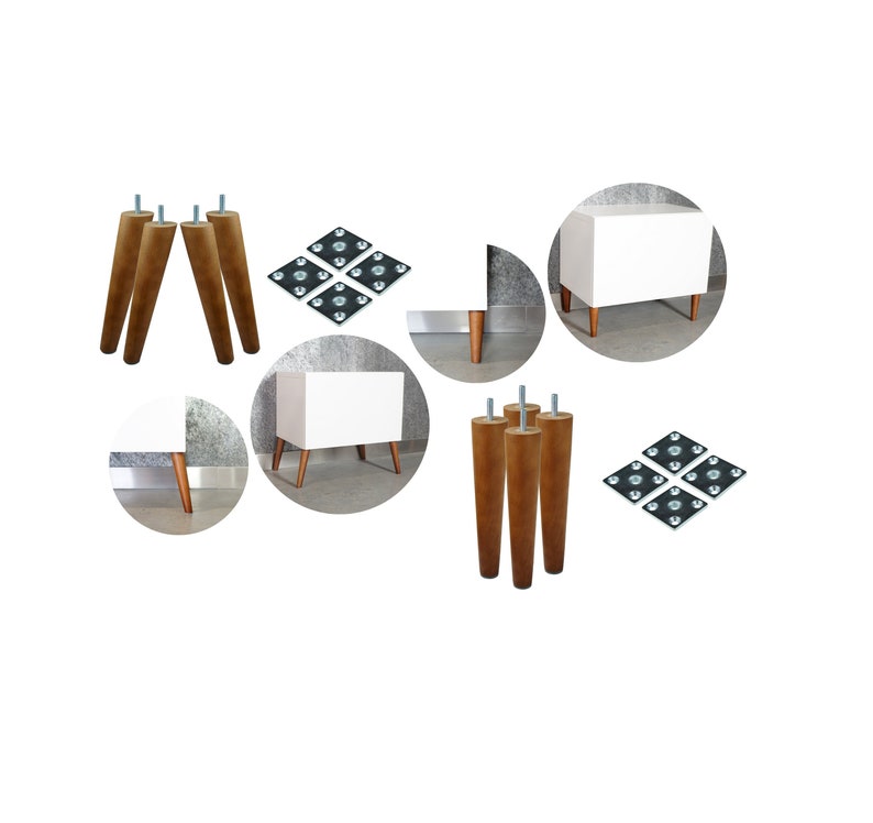 May include: Set of four wooden furniture legs with metal screws. The legs are a light brown color and are shown attached to a white cabinet. The set also includes four black metal mounting plates.