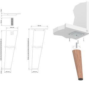 Mid Century, Tapered furniture legs walnut colour, Wooden cabinet legs 6 45 CM, solid beech wood, inclined or straight, furniture feet image 7