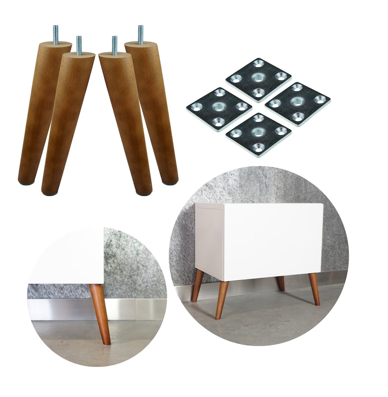 May include: Four wooden legs with metal mounting plates, shown assembled on a white cabinet. The cabinet is shown in two different angles, one with the cabinet against a wall and the other with the cabinet on a gray surface.