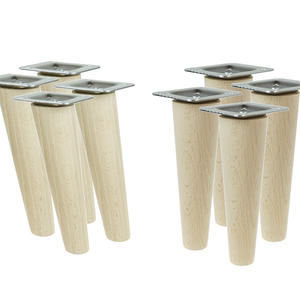4x Tapered furniture legs unfinished Wooden cabinet legs [6 - 45 CM], raw solid beech wood, inclined or straight, furniture feet