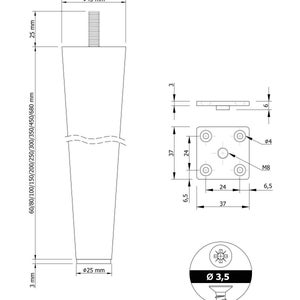 May include: A line drawing of a furniture leg with measurements in inches. The leg is tapered and has a round top. The drawing also includes a close-up of the mounting plate and screw.
