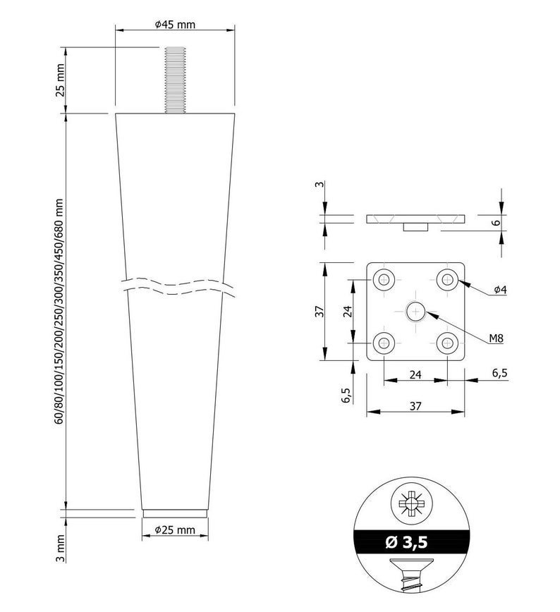 May include: A line drawing of a furniture leg with measurements in inches. The leg is tapered and has a round top. The drawing also includes a close-up of the mounting plate and screw.