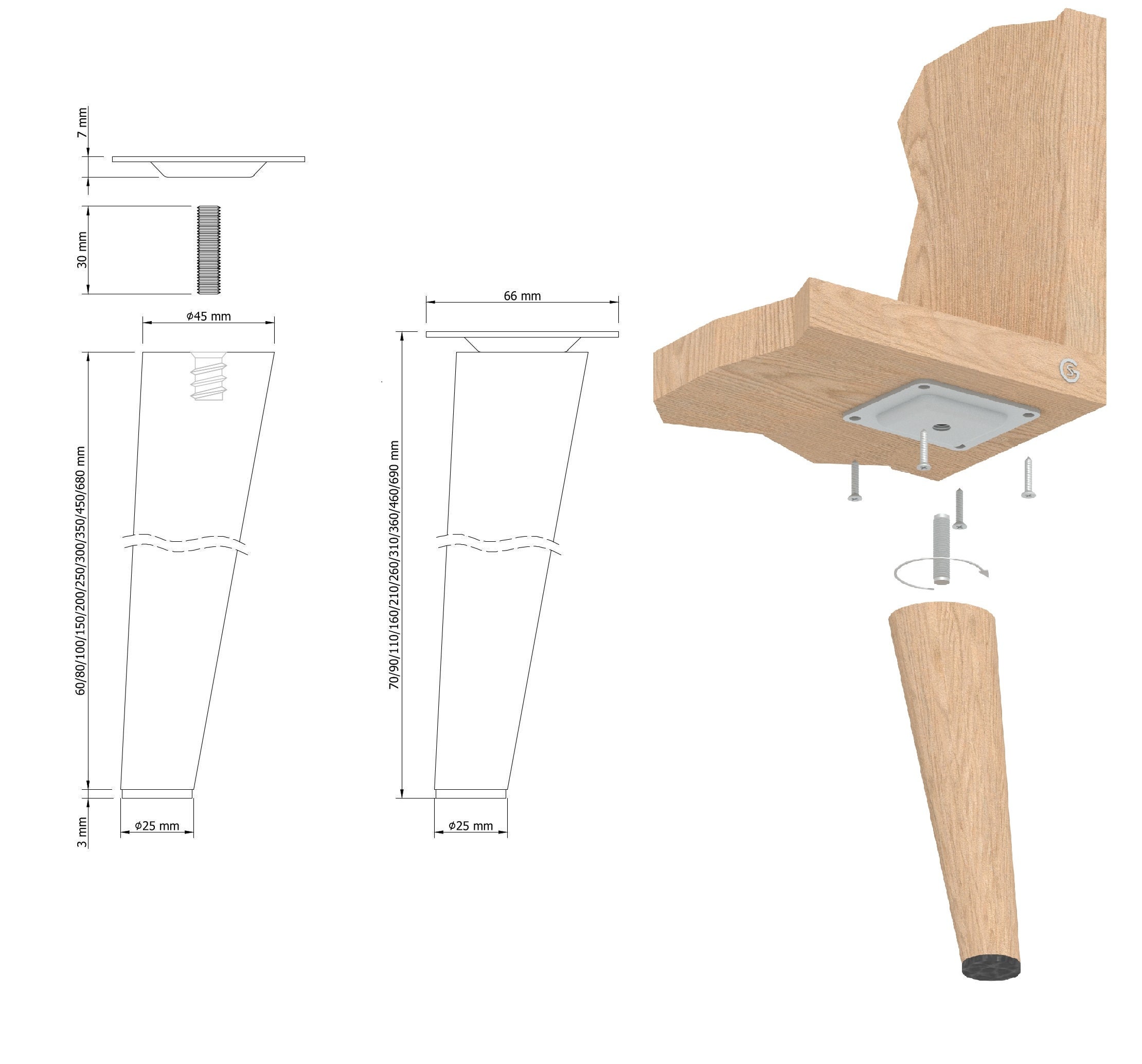 Patas para muebles lacadas para armarios 6 68 CM Patas rectas o inclinadas  en forma de cono de haya, patas de madera/haya/lacadas -  México