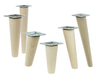 4x Tapered furniture legs unfinished Wooden cabinet legs [6 - 45 CM], raw solid beech wood, inclined or straight, furniture feet