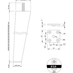 May include: A silver metal furniture leg with a tapered design. The leg is 6.8 inches tall and has a diameter of 1 inch at the base. The leg is designed to be used with furniture that is 60 to 680 mm in height. The leg comes with a mounting plate and screws for installation.