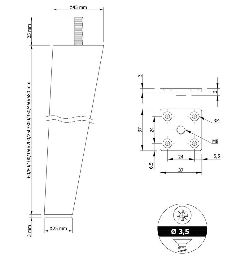 May include: A silver metal furniture leg with a tapered design. The leg is 6.8 inches tall and has a diameter of 1 inch at the base. The leg is designed to be used with furniture that is 60 to 680 mm in height. The leg comes with a mounting plate and screws for installation.