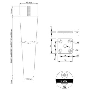 May include: A black metal furniture leg with a threaded top and a round base. The leg is 60 to 680 mm in length and has a diameter of 25 mm. The leg is shown with a mounting plate and a screw.