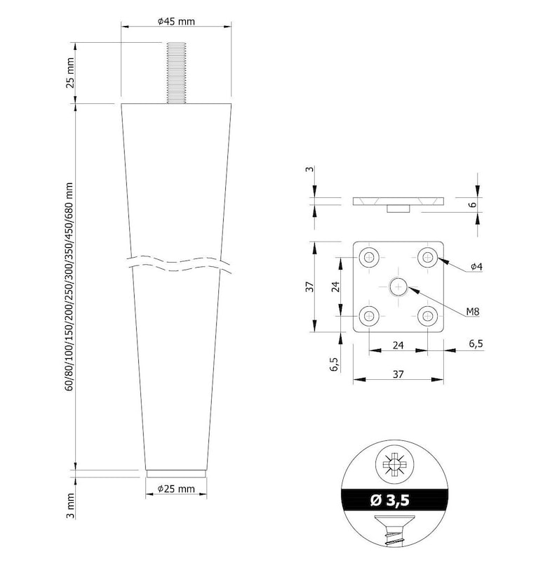 May include: A black metal furniture leg with a threaded top and a round base. The leg is 60 to 680 mm in length and has a diameter of 25 mm. The leg is shown with a mounting plate and a screw.