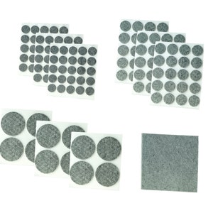 May include: A set of gray felt furniture pads, including a large sheet of felt, three sheets of smaller felt pads, and a sheet of 24 individual felt pads.