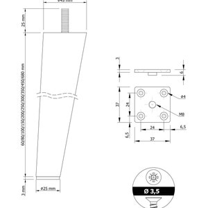 May include: A black metal furniture leg with a tapered design. The leg is 60 to 680 mm in height and has a 25 mm diameter base. The leg is attached to a square metal plate with four mounting holes. The plate is 37 mm by 37 mm and has a 6.5 mm diameter hole in the center. The leg is designed for use with furniture.