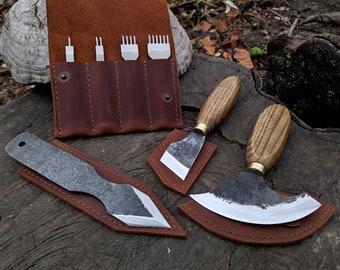 Leather Knife Set 2pcs. Hand Made Forged Knife for Leather. 