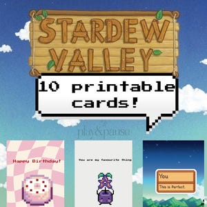 10 cartões de felicitações imprimíveis em pixel art inspirados em Stardew Valley, cartões de aniversário, amor e comemoração para jogadores aconchegantes, play&pause