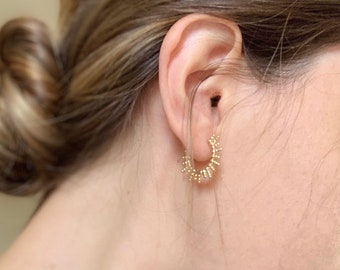 Dainty Gold Hoop Earrings 18k Gold Filled , Gold Spike Hoop Earrings, Sun Hoop Earrings, Dainty Beaded Hoop Earring Gold Minimalist Jewelry