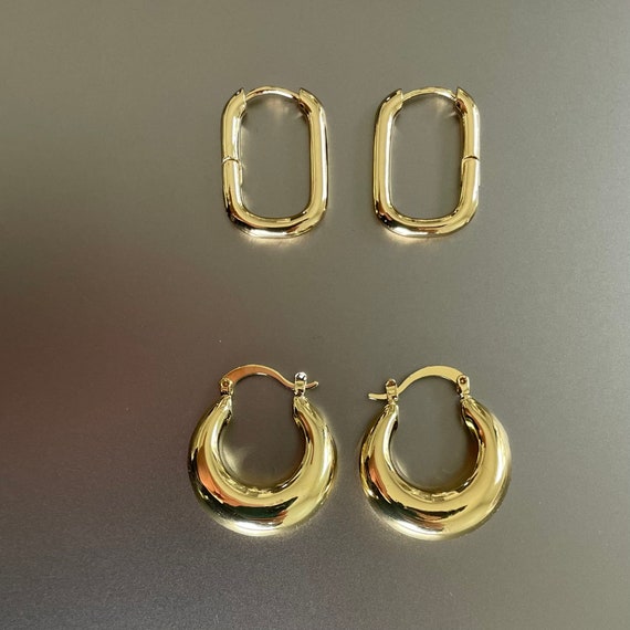 Chunky Hoop Earrings 2 Pair Set 14k Gold Oval and Square Hoop