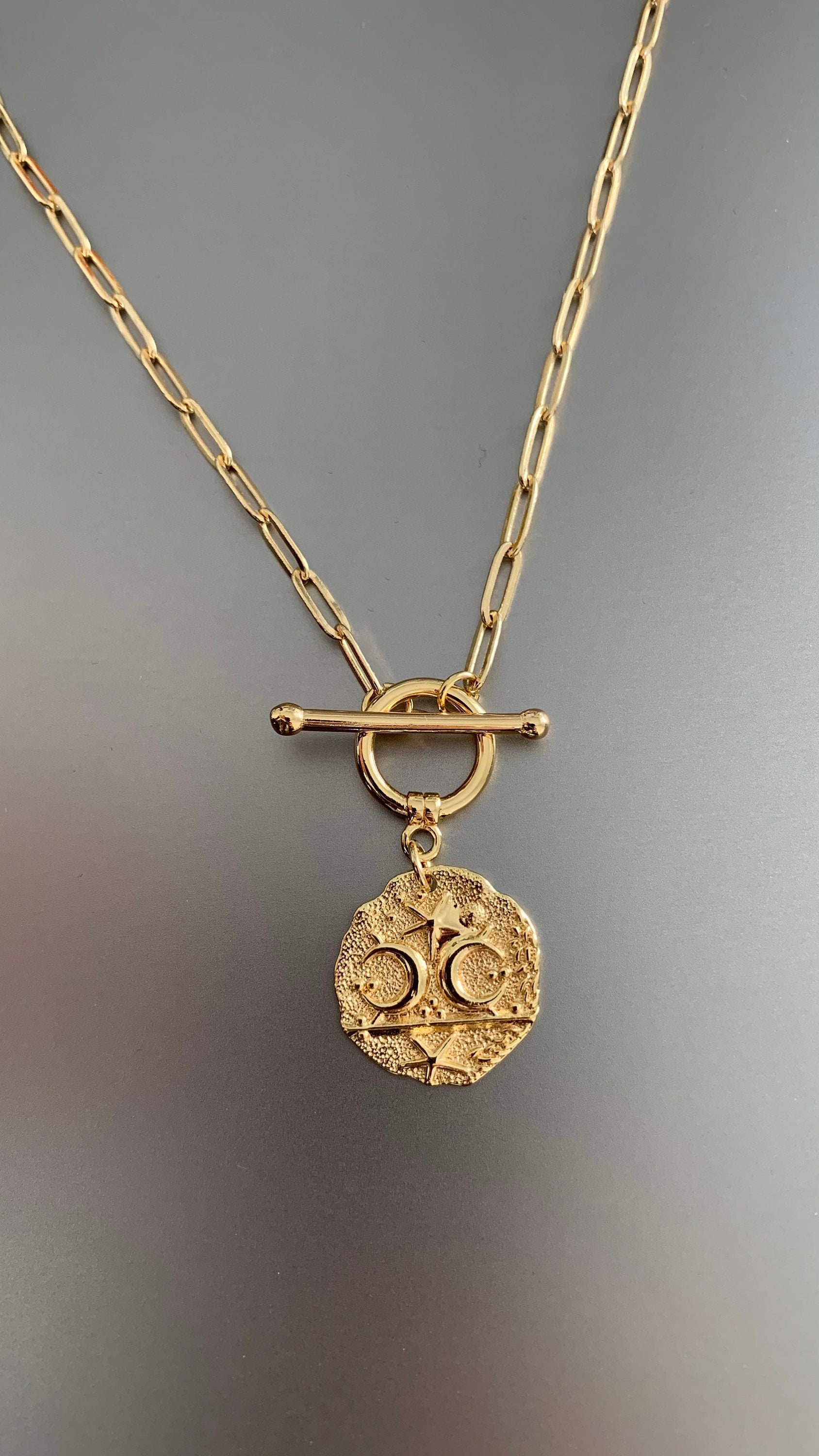 Gold Coin Medallion Necklace 18K Gold Toggle Necklace Moon - Etsy