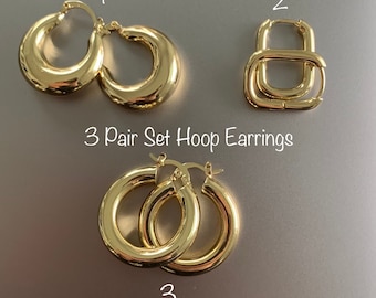 14k Gold Geometric Hoop Set of 3 Pair Chunky Gold Hoop Earrings Gold Oval , Circle , Rectangular Hoops Dainty Earrings  Minimalist Hoops
