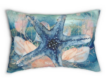 Beautiful Ocean Starfish Watercolor Art Print Lumbar Pillow Beach Coastal Decor Throw Pillow Seaside Cottage Oceanic Nautical Themed Room