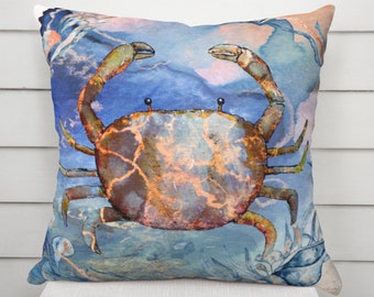 Beautiful Ocean Blue Crab Watercolor Art Print Throw Pillow, Nautical Beach Coastal Home Decor Pillow, Decorative Pillow Cushion Cover