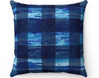 Watercolor Navy Blue Check Buffalo Plaid Throw Pillow, Modern Nautical Home Decor, Abstract Ocean Design Decorative Pillow Cushion Cover