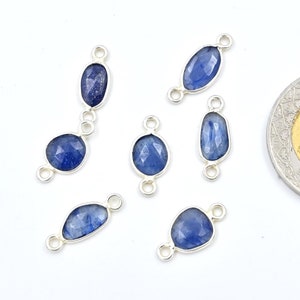 Natural Blue Sapphire Bezel Connector, Rose Cut Slice Gemstone, 925 Sterling Silver Jewelry Making, Faceted DIY Craft Supplies